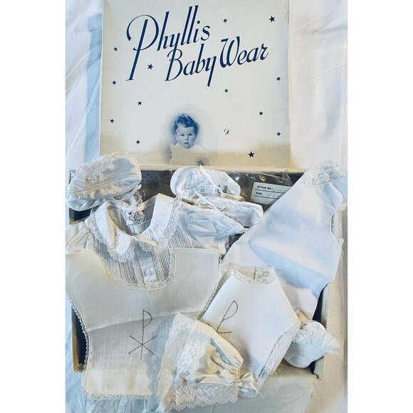 Vintage Phyllis Baby Wear Christening Set Dress Coat Bonnet Shoes Bibs Boxed - Picture 1 of 14